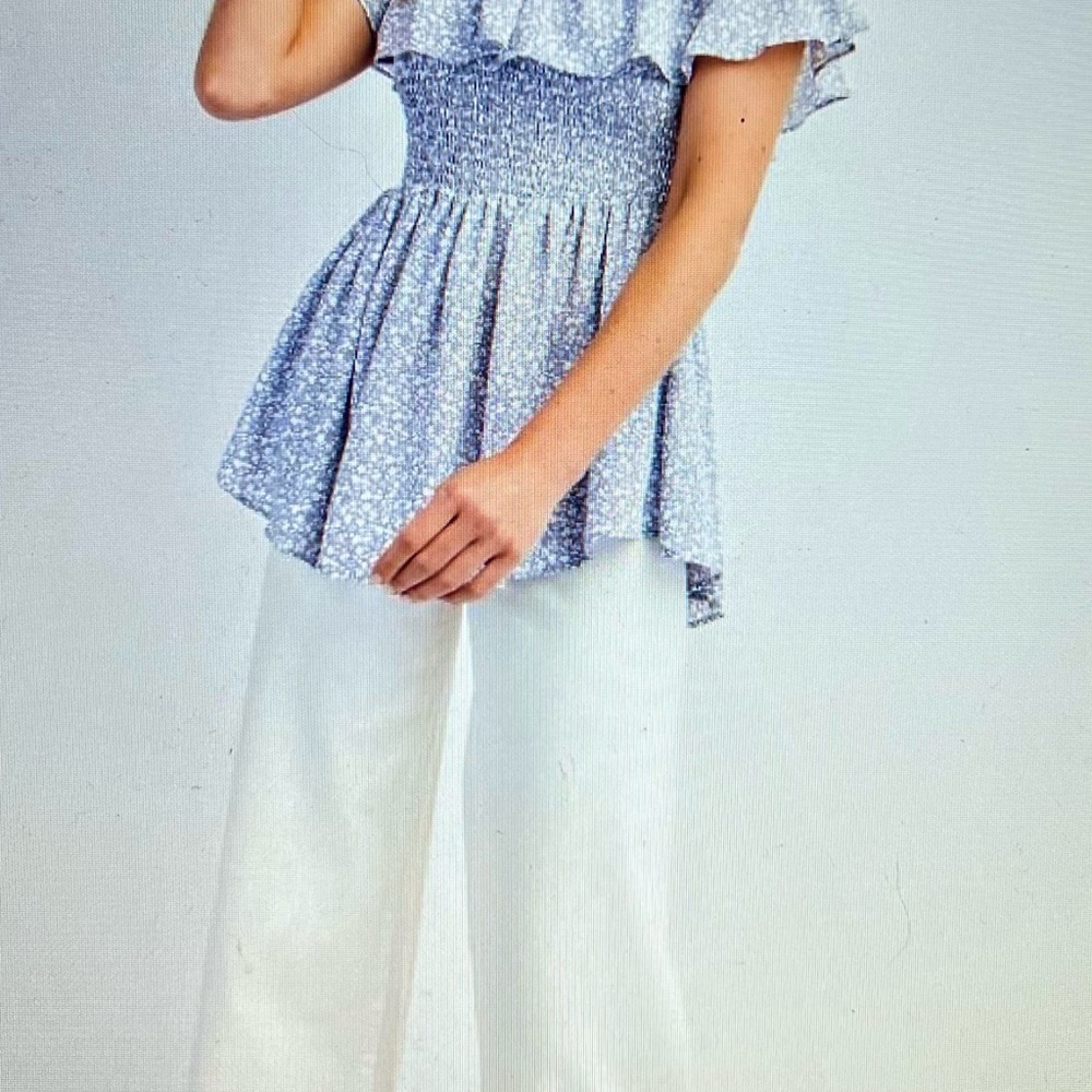 Easel Blue and White Smocked Ruffled Sleeveless Blouse - Picture 4 of 5